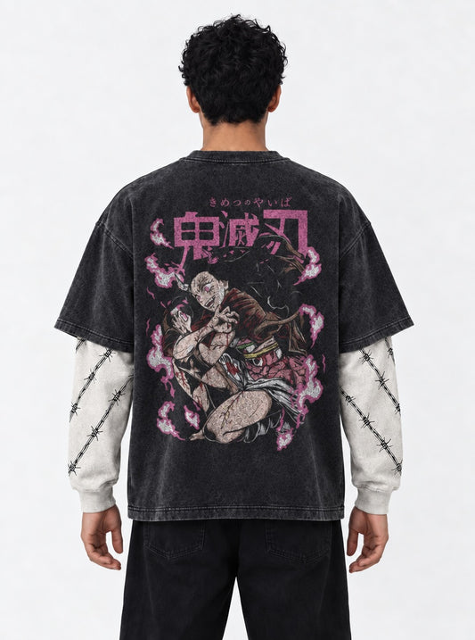Demon Slayer Classic Double Sleeves Washed T-Shirt on model, back view