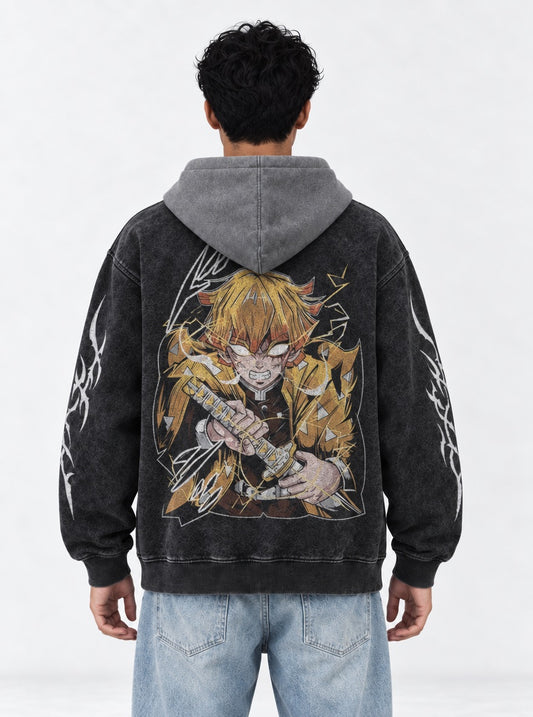 Demon Slayer Clean Black and Gray Washed Hoodie on model, back view