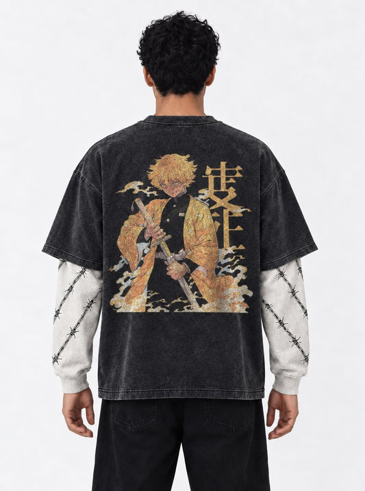 Demon Slayer Clean Double Sleeves Washed T-Shirt on model, back view