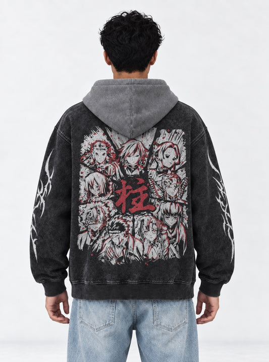 Demon Slayer Comfy Black and Gray Washed Hoodie on model, back view