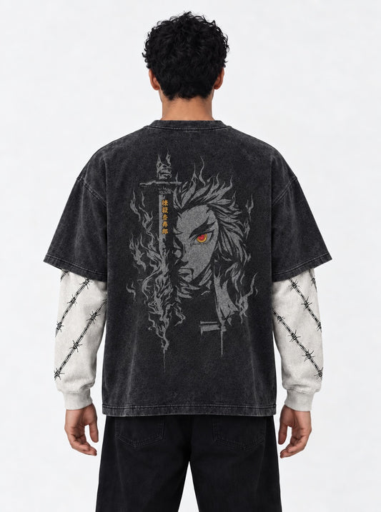Demon Slayer Comfy Double Sleeves Washed T-Shirt on model, back view