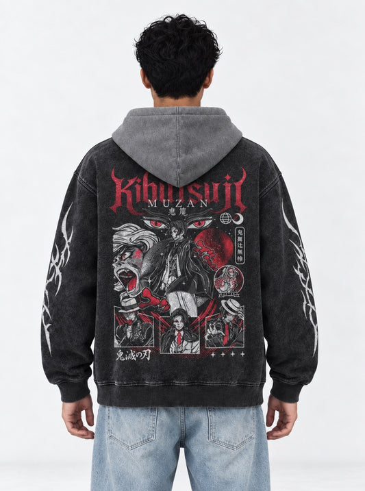 Demon Slayer Cool Black and Gray Washed Hoodie on model, back view