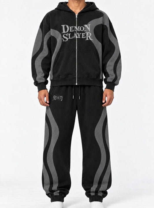 Demon Slayer Cool Black Grey Co-ord Set on model, front view