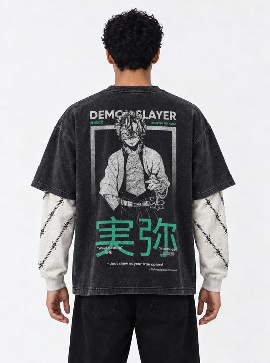 Demon Slayer Cool Double Sleeves Washed T-Shirt on model, back view