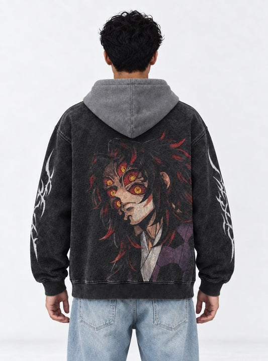 Demon Slayer Core Black and Gray Washed Hoodie on model, back view