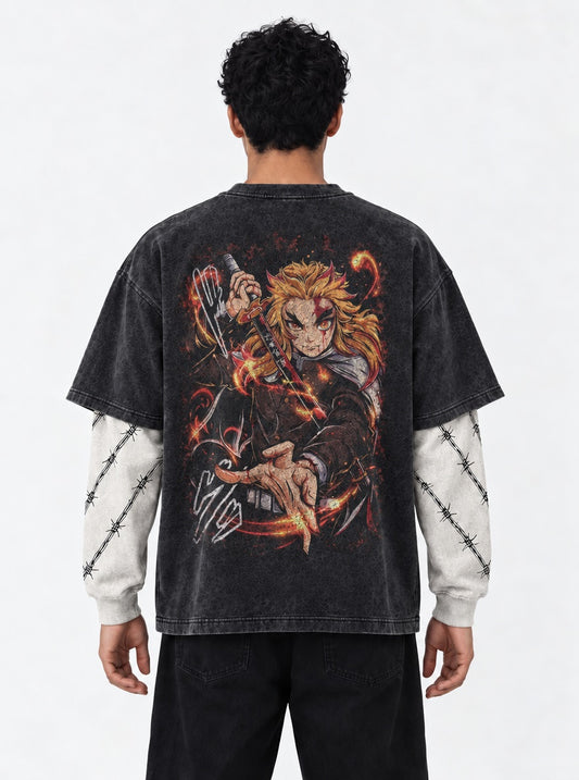 Demon Slayer Core Double Sleeves Washed T-Shirt on model, back view