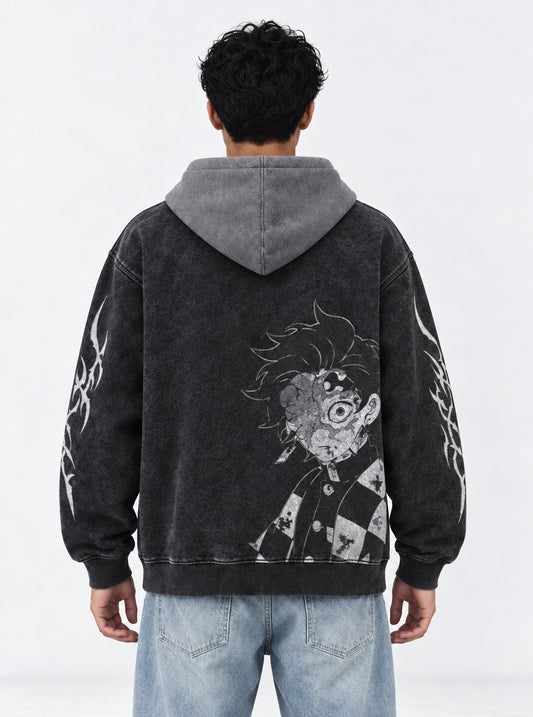 Demon Slayer Cozy Black and Gray Washed Hoodie on model, back view