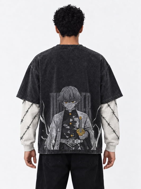Demon Slayer Cozy Double Sleeves Washed T-Shirt on model, back view