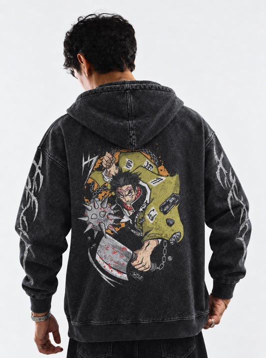 Demon Slayer Cozy Washed Hoodie on model, back view