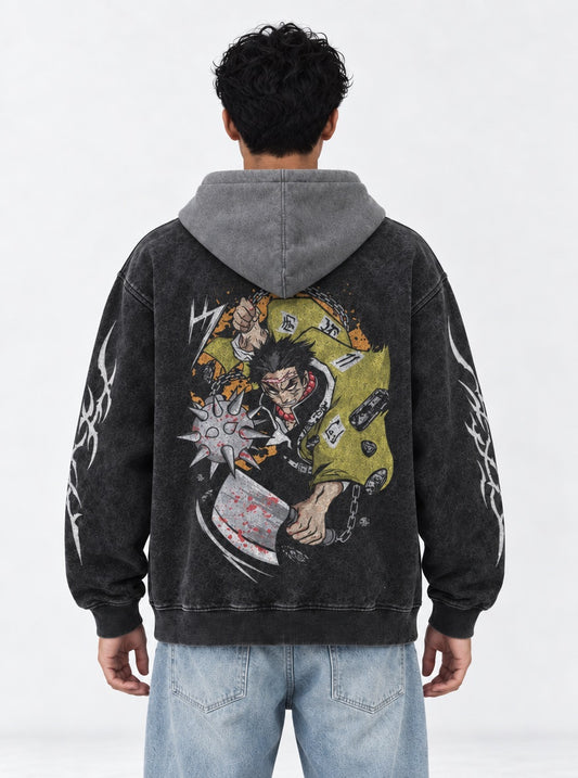 Demon Slayer Cropped Black and Gray Washed Hoodie on model, back view