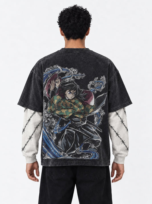 Demon Slayer Cropped Double Sleeves Washed T-Shirt on model, back view