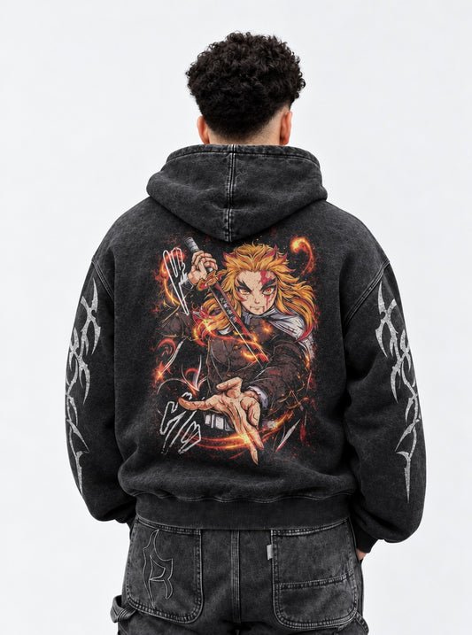 Demon Slayer Cropped Washed Hoodie on model, back view