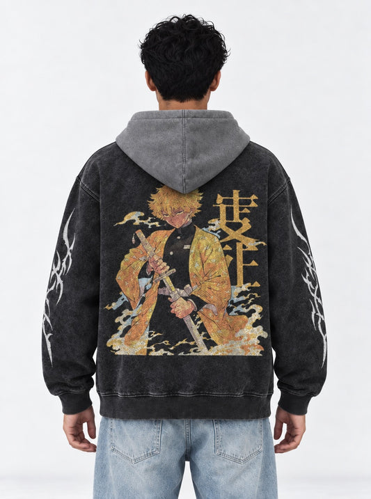 Demon Slayer Distressed Black and Gray Washed Hoodie on model, back view