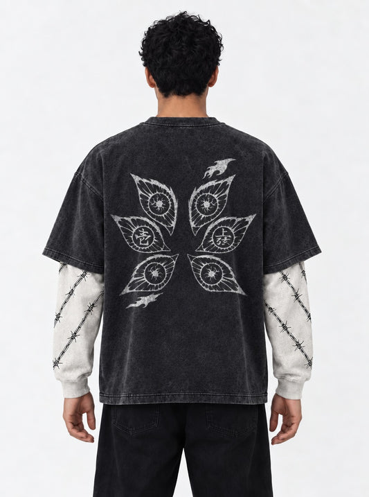 Demon Slayer Distressed Double Sleeves Washed T-Shirt on model, back view