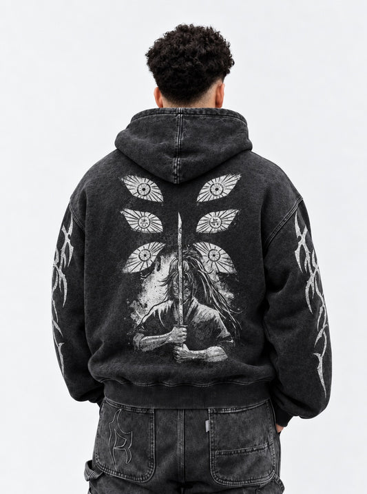 Demon Slayer Distressed Washed Hoodie on model, back view