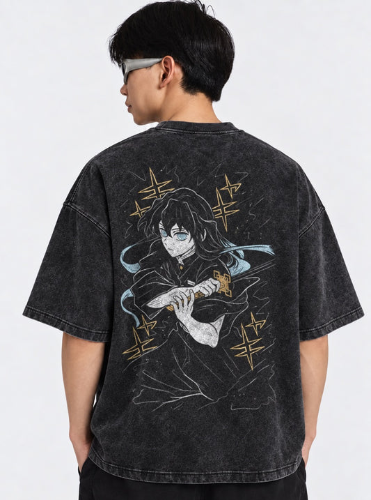 Demon Slayer Distressed Washed T-Shirt on model, back view