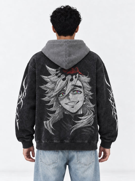 Demon Slayer Doma Grin Black and Grey Washed Hoodie on model, back view