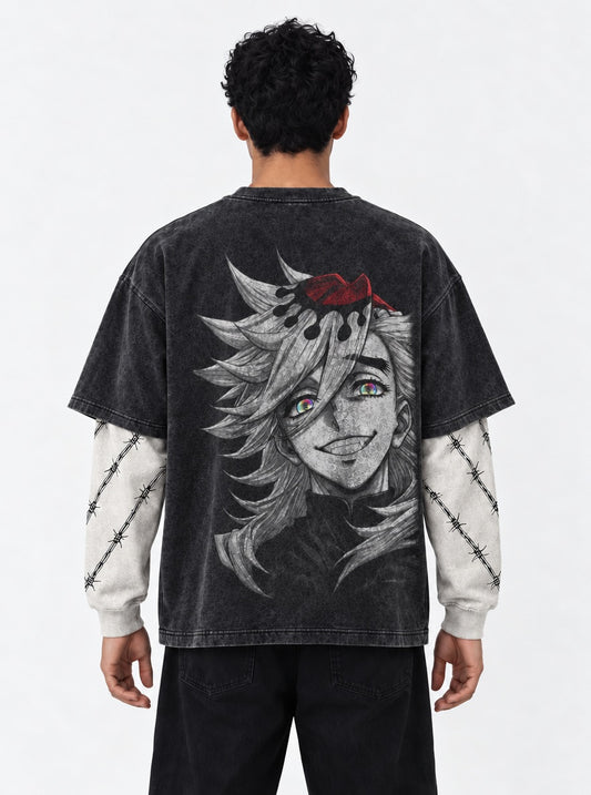 Demon Slayer Doma Grin Washed Double Sleeves T-Shirt on model, back view