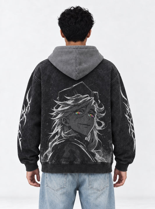Demon Slayer Doma Smile Black and Grey Washed Hoodie on model, back view