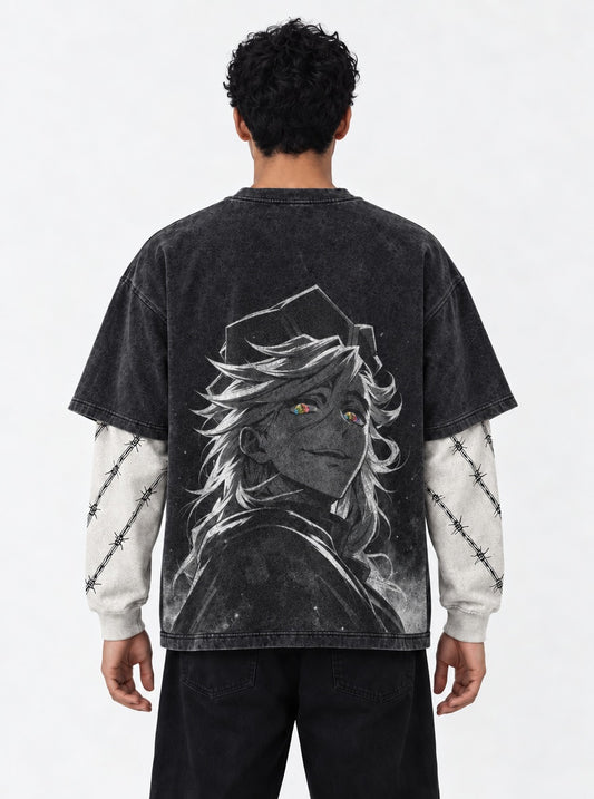 Demon Slayer Doma Smile Washed Double Sleeves T-Shirt on model, back view