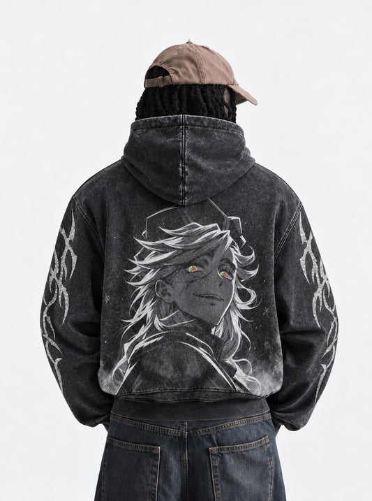 Demon Slayer Doma Smile Washed Hoodie on model, back view