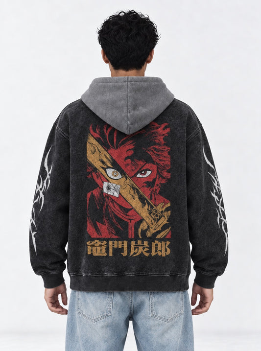 Demon Slayer Durable Black and Gray Washed Hoodie on model, back view