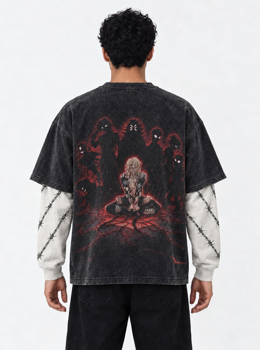 Demon Slayer Durable Double Sleeves Washed T-Shirt on model, back view