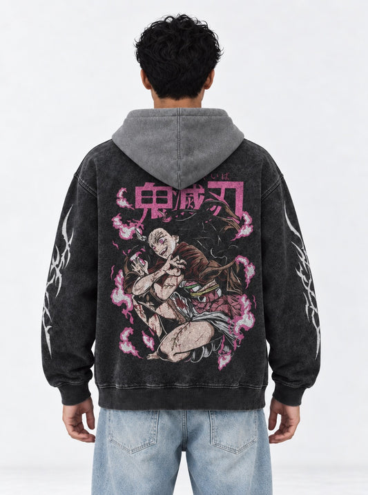 Demon Slayer Edgy Black and Gray Washed Hoodie on model, back view