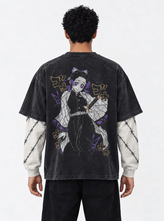 Demon Slayer Edgy Double Sleeves Washed T-Shirt on model, back view