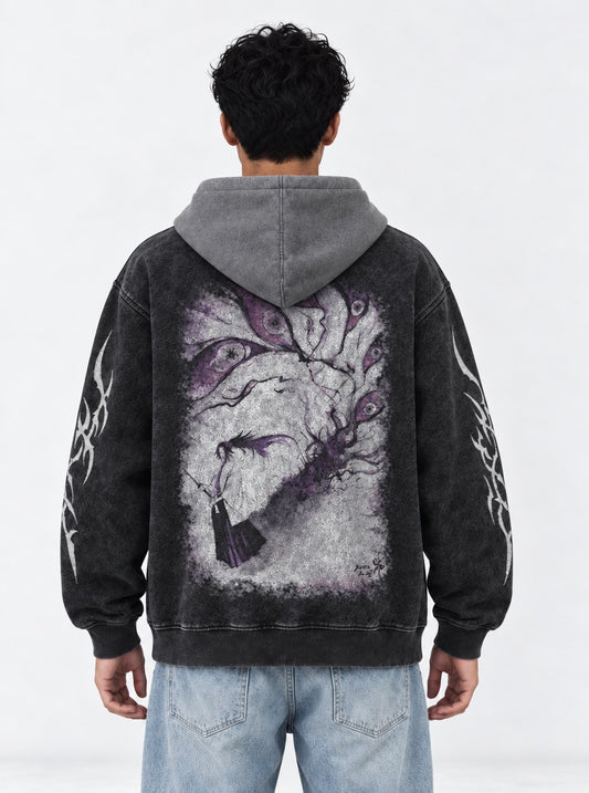 Demon Slayer Essential Black and Gray Washed Hoodie on model, back view