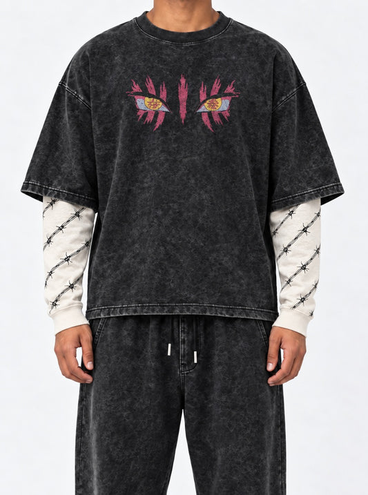 Demon Slayer Essential Double Sleeves Washed T-Shirt on model, front view