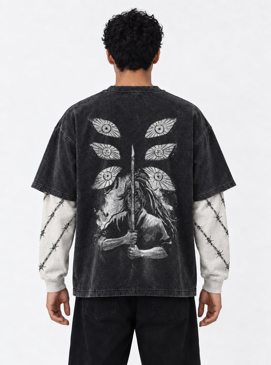 Demon Slayer Faded Double Sleeves Washed T-Shirt on model, back view