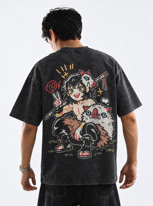 Demon Slayer Graphic Washed T-Shirt on model, back view