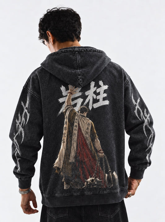 Demon Slayer Gyomei Stone Pillar Washed Hoodie on model, back view