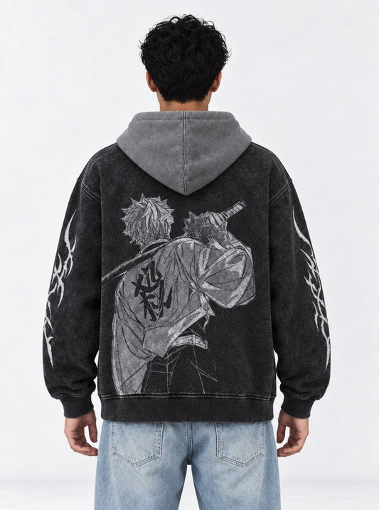 Demon Slayer Heavyweight Black and Gray Washed Hoodie on model, back view