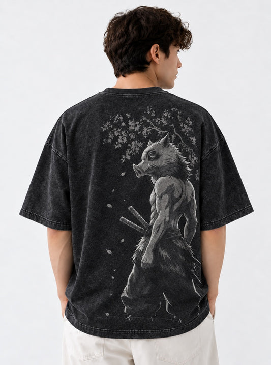 Demon Slayer Inosuke Wild Boar Washed T-Shirt on model, back view