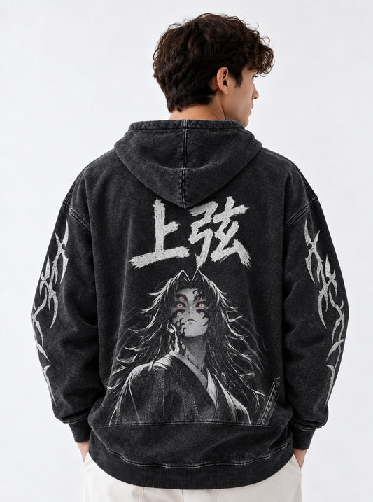 Demon Slayer Kokushibo Six Eyes Washed Hoodie on model, back view