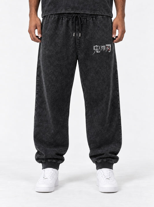 Demon Slayer Logo Washed Joggers on model, front view