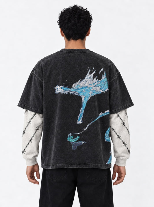 Demon Slayer Loose-fit Double Sleeves Washed T-Shirt on model, back view