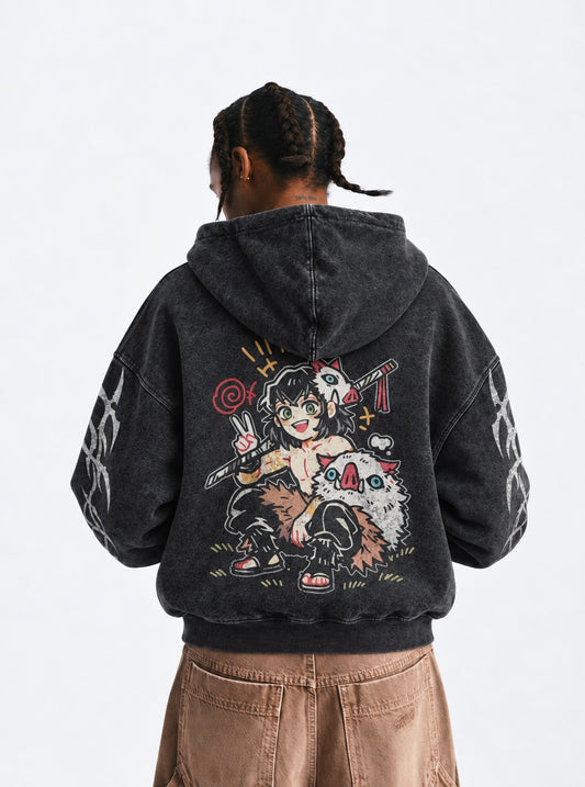 Demon Slayer Printed Washed Hoodie on model, back view