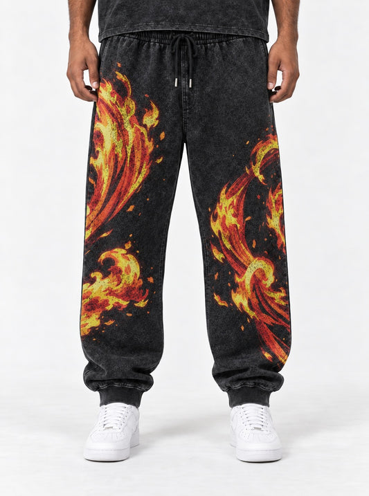 Demon Slayer Rengoku Flame Breathing Washed Joggers on model, front view