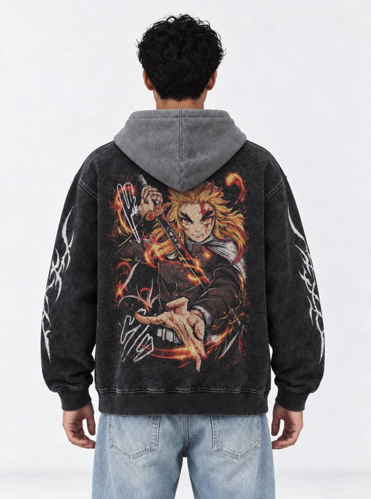 Demon Slayer Ribbed Black and Gray Washed Hoodie on model, back view