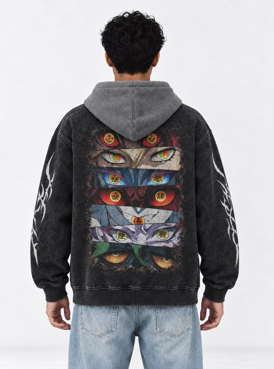 Demon Slayer Signature Black and Gray Washed Hoodie on model, back view