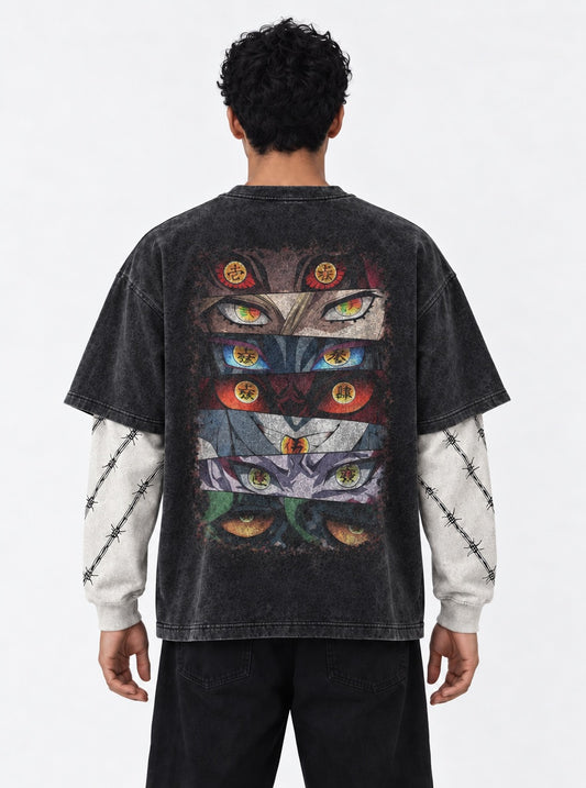 Demon Slayer Statement Double Sleeves Washed T-Shirt on model, back view