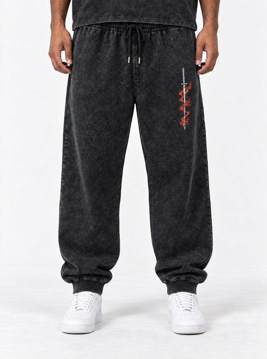Demon Slayer Tanjiro Washed Joggers on model, front view