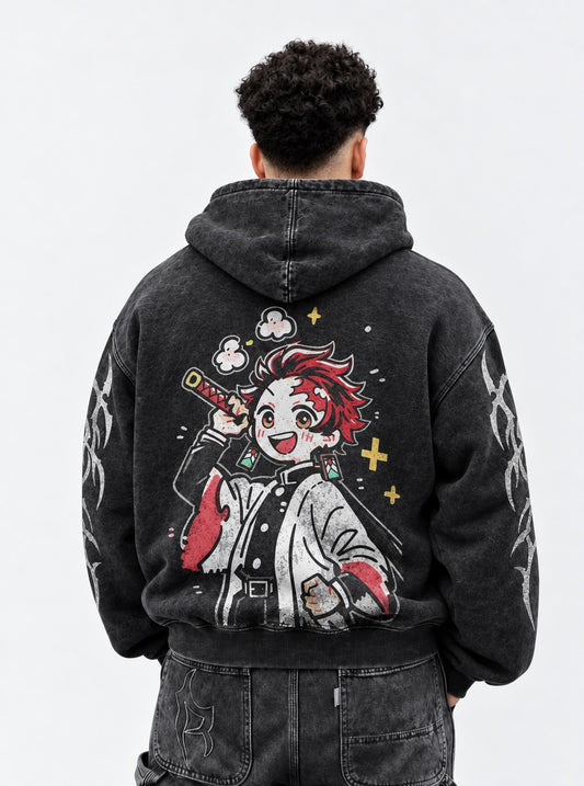 Demon Slayer Trendy Washed Hoodie on model, back view