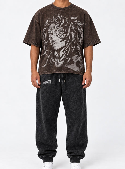 Demon Slayer Washed Brown T-Shirt and Joggers Combo on model, front view