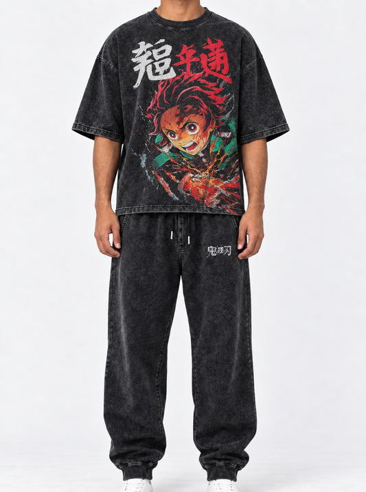 Demon Slayer Washed Slayers T-Shirt and Joggers Combo on model, front view