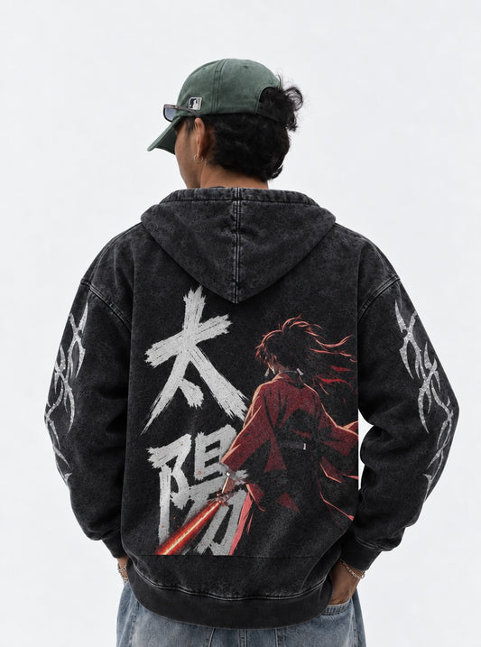Demon Slayer Yoriichi Sun Washed Hoodie on model, back view