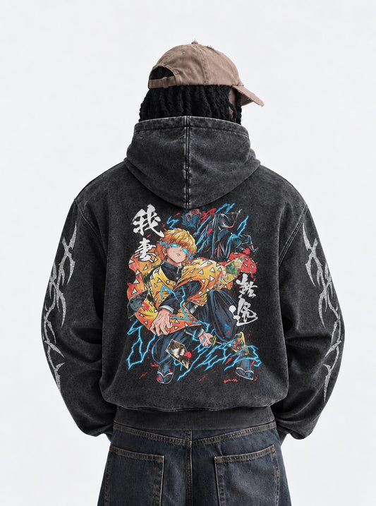 Demon Slayer Zenitsu Lightning Washed Hoodie on model, back view